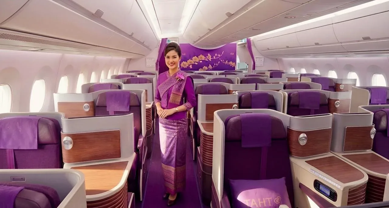 Бизнес-класс Airbus A320 Thai Airways: кресла 2-2 и бортпроводница в проходе