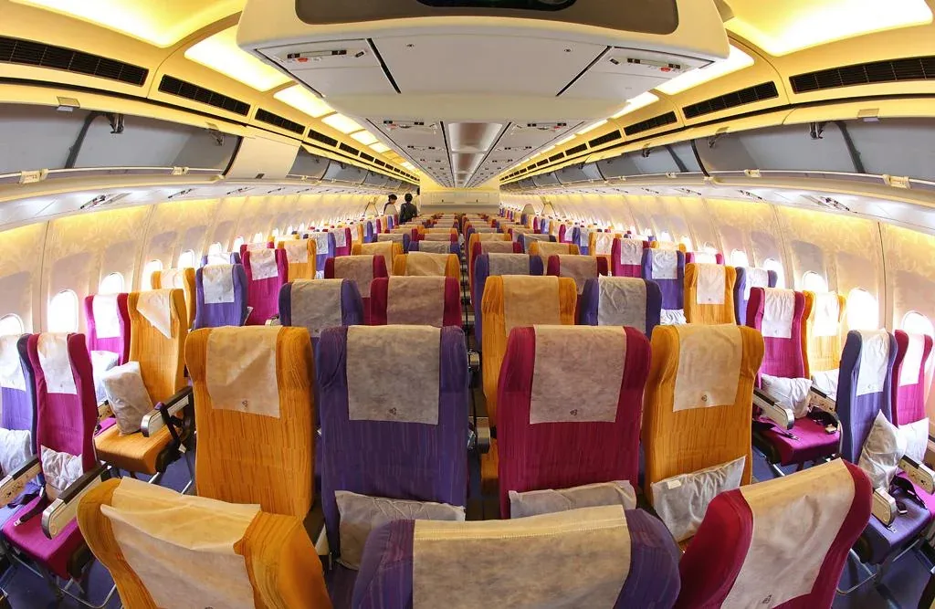 Эконом-класс A320 Thai Airways: сиреневые и жёлтые кресла по рядам