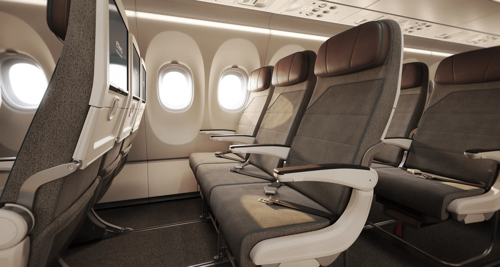 Кресла бизнес-класса Airbus A321 Etihad у окна: широкие подлокотники и столик