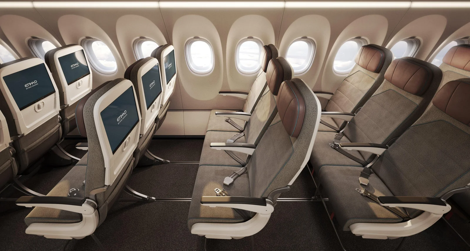 Эконом Airbus A321 Etihad: шестёрки 3-3 с экранами в спинках