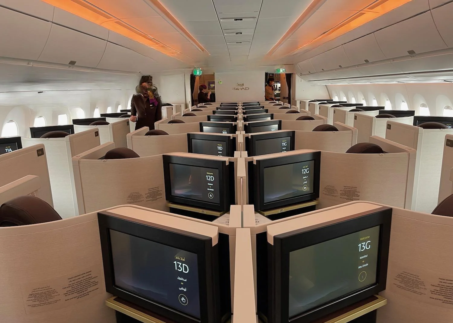 Центральная пара бизнес-класса Airbus A350 Etihad: экраны мест 13D и 13G