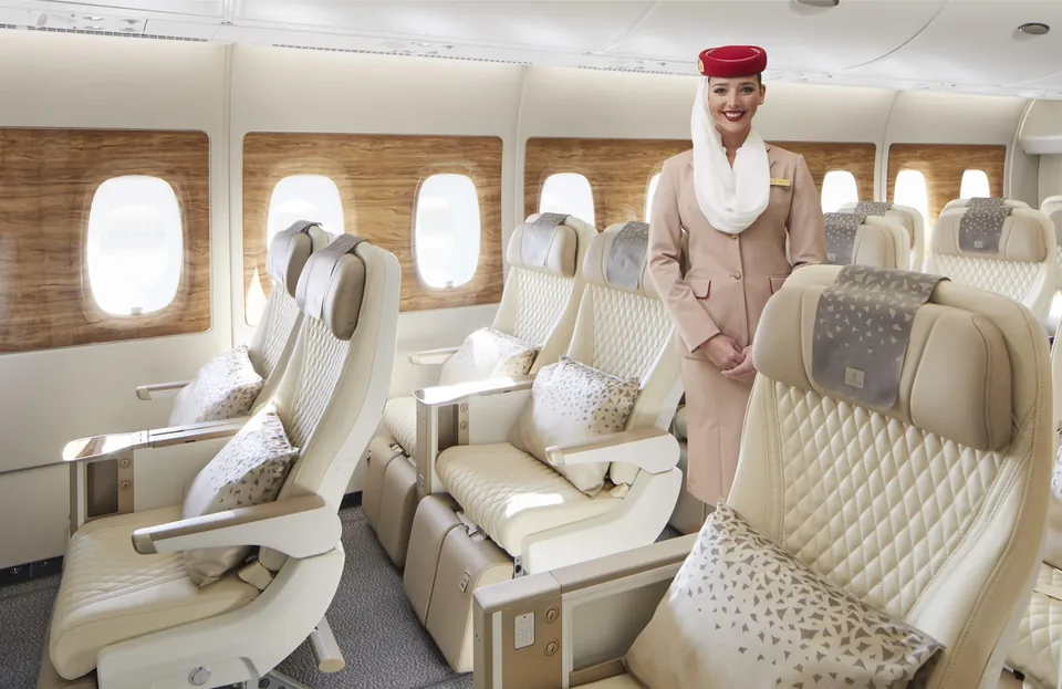 Бортпроводница Emirates у кресел премиального эконома на борту A380
