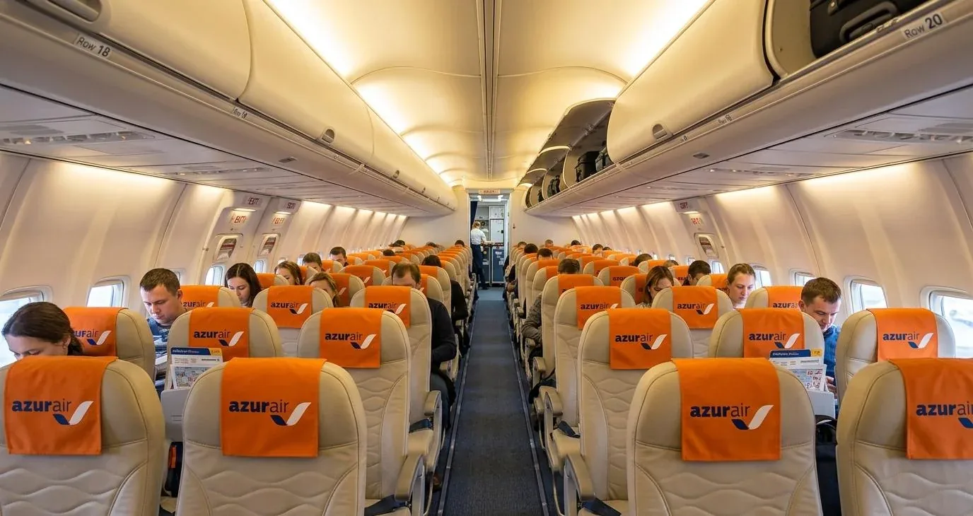 Салон Boeing 737-800 AZUR air: ряды 3-3 с оранжевыми накидками на подголовниках