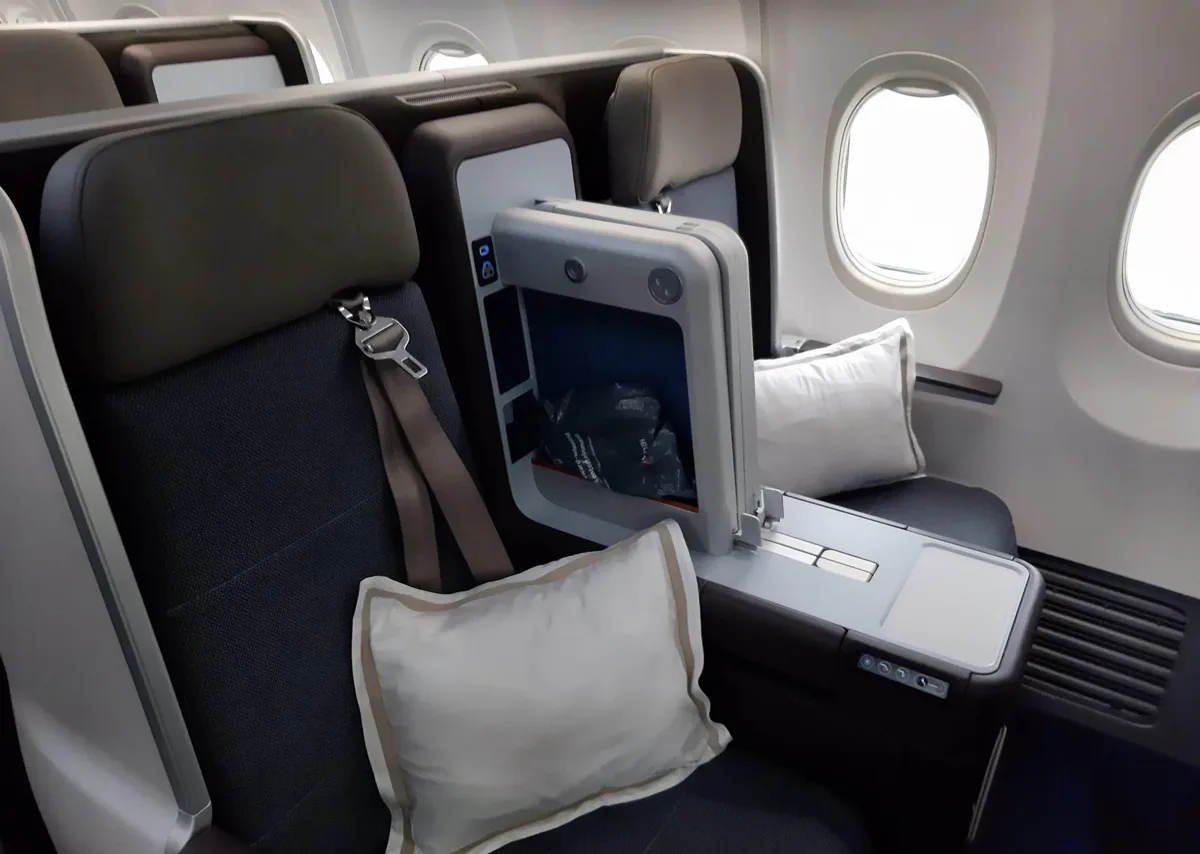 Бизнес-класс Boeing 737-800 flydubai: раскладное кресло у окна с подушкой и консолью