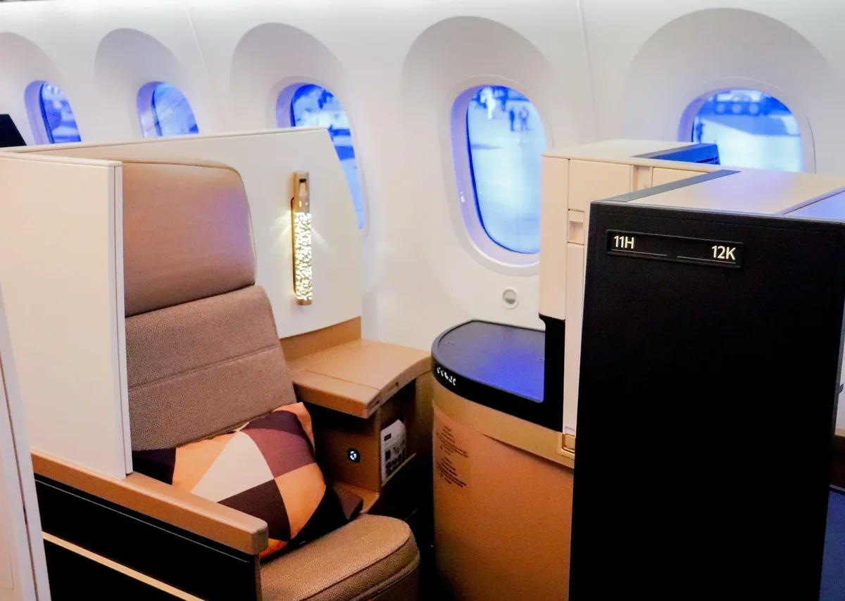 Кресло бизнес-класса Boeing 787-10 Etihad у окна с подушкой и лампой