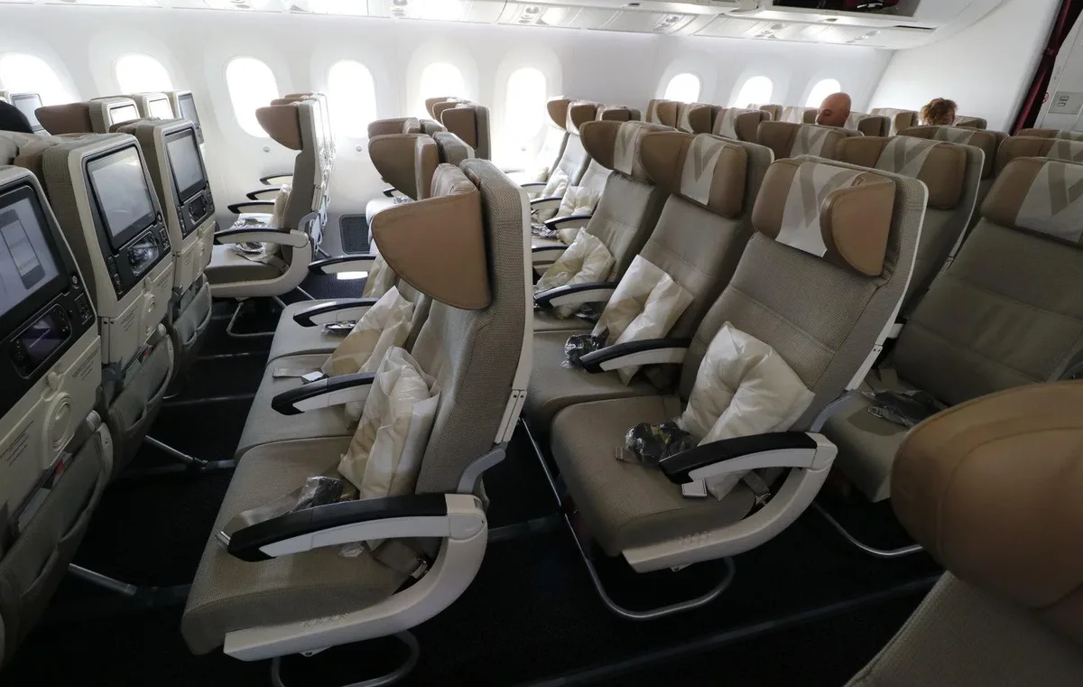 Эконом-класс Boeing 787-9 Etihad: бежевые кресла 3-3-3 с экранами в спинках