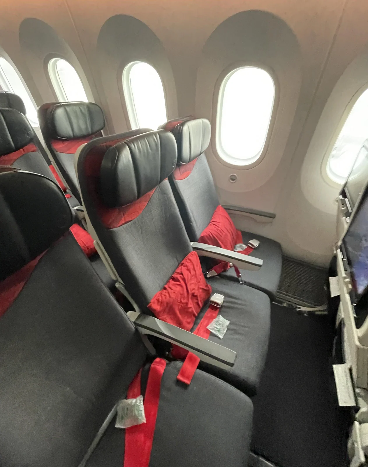 Кресла эконома Boeing 787-9 у иллюминатора с красными подушками