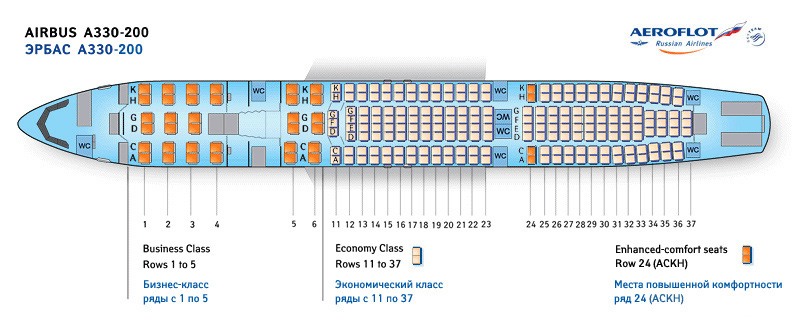 Схема салона Airbus 330-200 Аэрофлот. Лучшие места в самолете